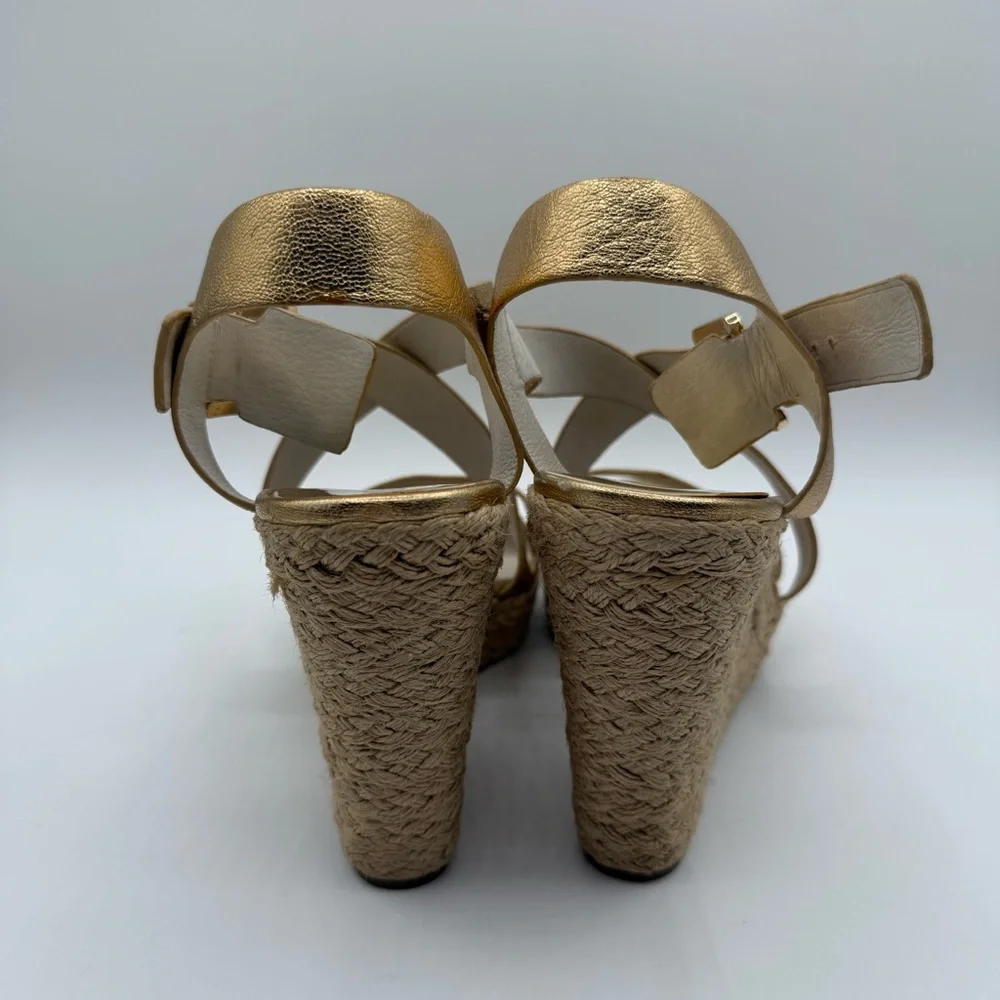 Michael Kors Metallic Gold Wedge-Platform Ankle Strap Espadrilles Size 11M - Picture 5 of 16